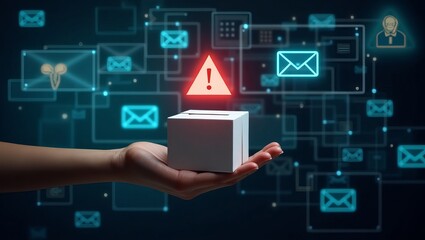 A close-up of a hand holding a white box with a red alert symbol, surrounded by digital icons representing communication.