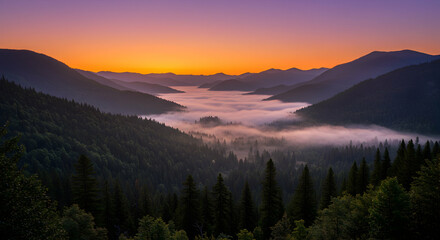 Obraz premium Scenic Mountain Valley Filled with Fog at Sunrise Breathtaking View
