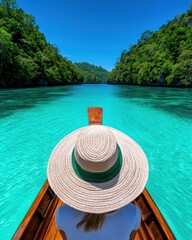 Obraz premium A serene boat trip through crystal-clear waters surrounded by lush green hills, perfect for a relaxing getaway.