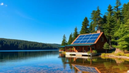 Fototapeta premium Lakeside Cabin with Solar Panels and Reflection on a Clear Blue Day