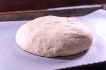 Yeast dough in a bowl.  Cooking process. Selective focus