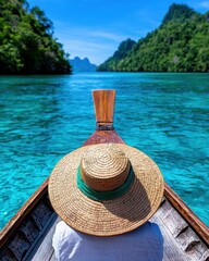 Obraz premium A serene view from a boat on clear turquoise waters surrounded by lush green hills under a bright blue sky.