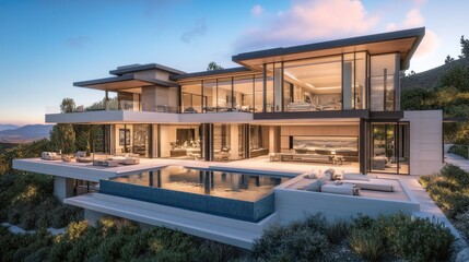Obraz premium Modern luxury hillside home showcasing expansive views and architecture