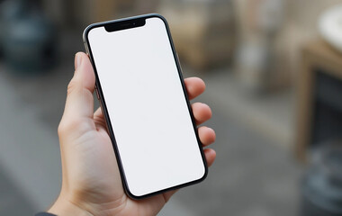 Hand holding a smartphone with blank white screen for editing, mobile phone with blank white screen in a hand, cell phone with blank white screen in a hand