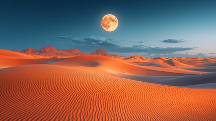 Serene Desert Landscape Under a Full Moon with Glistening Sand Dunes at Twilight