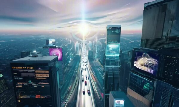 A neon-lit metropolis thrives inside the core of a massive rotating space station. Towering skyscrapers stretch toward the curved ceiling, while AI-controlled hovercars weave through billboards