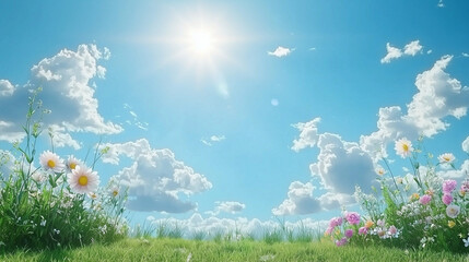 A bright, clear blue sky dotted with fluffy white clouds, with the sun shining brightly, casting soft shadows on a green meadow, peaceful and uplifting atmosphere