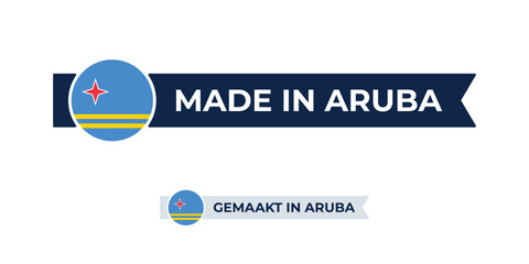 Made in Aruba label with Aruba flag colors. High-quality certification badge for Aruba products, branding, and manufacturing authenticity