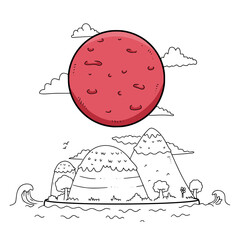 A big red moon appear on the top island black and white coloring page