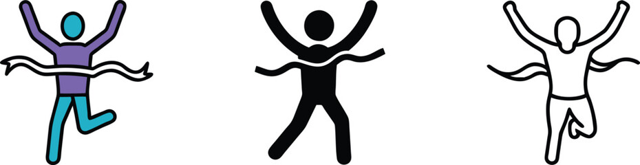 Winning Runner Crossing Finish Line Three Icon Variations