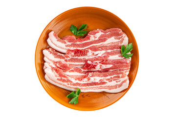 Bacon slices pork meat fresh delicious gourmet food background on the table rustic food top view...