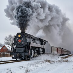 Fototapeta premium A vintage steam locomotive chugs through a snowy landscape, emitting thick black smoke into the cold air