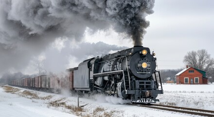 Obraz premium A vintage steam locomotive chugs through a snowy landscape, emitting thick black smoke into the cold air