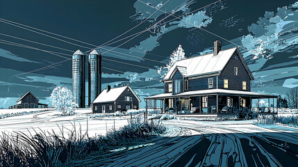 Fototapeta premium Snowy rural landscape at twilight. Two farmhouses, silos, and a cloudy sky