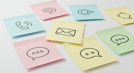 A vibrant collection of sticky notes with communication icons like a phone, envelope, and chat bubbles, representing modern communication in a creative office workspace.