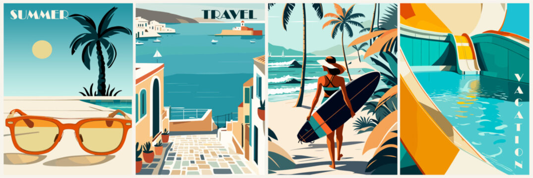 Set of summer posters in retro style. Summer vacations, holidays, travel concept. Colorful vector art illustrations.