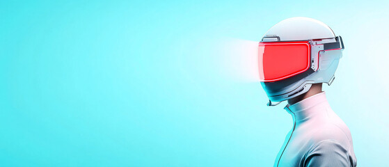 A futuristic figure wearing a high-tech helmet with a red visor against a bright blue background, embodying themes of innovation and technology.