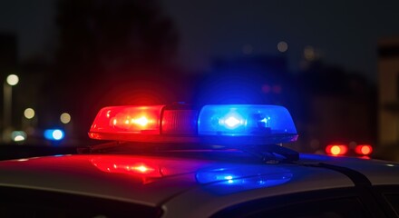 A close-up of a police car's light bar at night, with vibrant red and blue flashing lights, evoking a sense of urgency and alertness related to law enforcement and public safety.