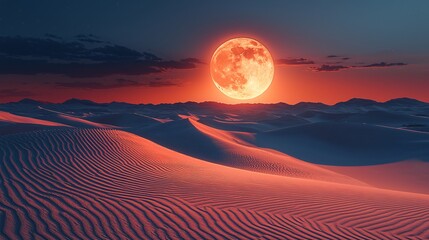 Majestic Desert Landscape Under a Full Moon at Dusk with Vibrant Orange and Blue Sky