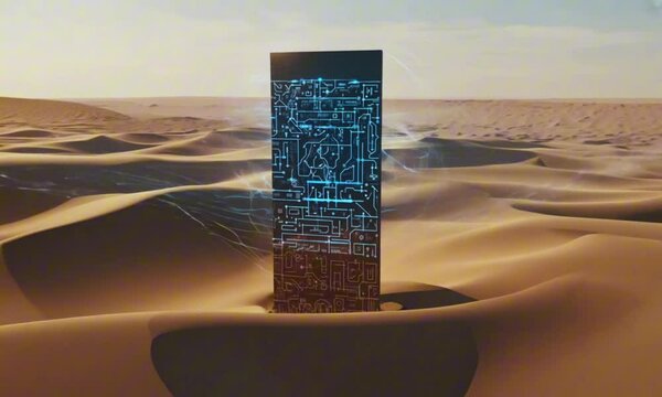 A towering AI monolith, covered in glowing hieroglyphic code, awakens in the middle of an endless desert. Lightning pulses across its surface