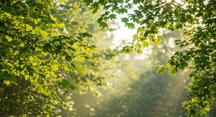 Fototapeta premium Sunlight filters through vibrant green leaves, creating a serene and peaceful atmosphere in a lush forest. The soft focus background enhances the feeling of tranquility, perfect for nature themes.
