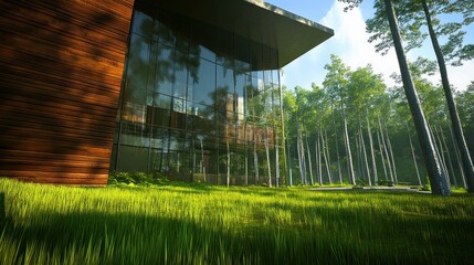 Fototapeta premium Modern building with large windows surrounded by trees and grass