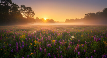 Obraz premium Sunrise Over Meadow with Wildflowers and Fog Creating Idyllic Scene