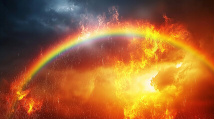 Obraz premium A brilliant double rainbow appearing after a rainstorm, with dark storm clouds in the background and sunlight shining through, creating a dramatic contrast between the sky and the rainbow