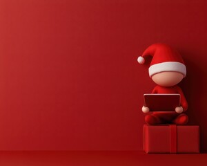 A whimsical character in a Santa hat enjoying a digital tablet against a red background.