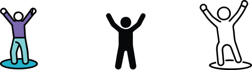 Three Stick Figures Celebrating, Jumping, Joyful Success