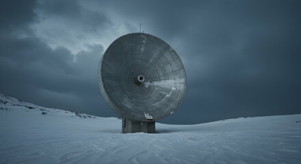 Observing Satellite Dish in Snow Under Dramatic Sky Atmosphere