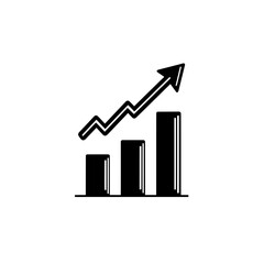 Black and white business growth icon featuring ascending bars and an upward arrow, symbolizing financial success, progress, and market trends.
