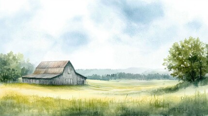 Obraz premium Delicate watercolor painting of a traditional farm with rustic barn and green fields under a soft blue sky