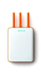 Fototapeta premium A sleek, modern wireless router with three orange antennas and a minimalist white design, ideal for enhancing home network connectivity.