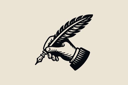 Vintage engraving-style icon of  hand holding a quill pen