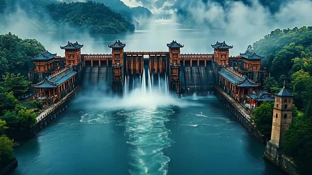 Majestic dam cascading water, misty mountains, serene landscape, scenic view, historical architecture, use for travel brochure, or nature calendar