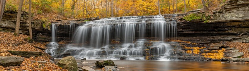 Obraz premium A scenic panoramic landscape features a cascading waterfall in the forest