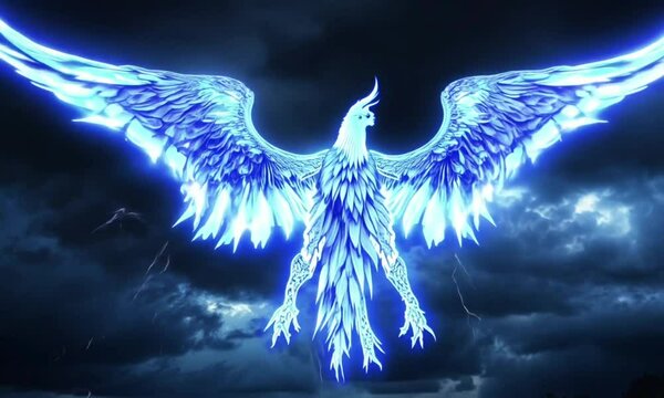 A phoenix composed entirely of crackling blue lightning spreads its wings, sending arcs of energy into the storm clouds above. Its body pulses with raw electrical power, illuminating the sky