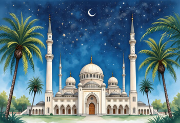 Naklejka premium Spiritual Nights: A Mosque Under the Crescent Sky