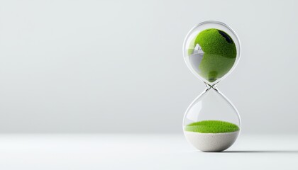 An hourglass filled with vibrant green sand symbolizes time and environmental awareness in a minimalist setting.