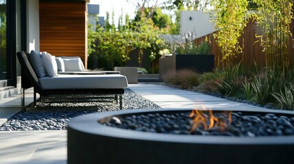 A modern minimalist outdoor living area featuring sleek furniture, a simple fire pit, and a balanced composition of natural elements.