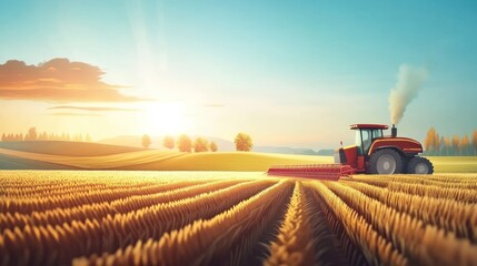 Fototapeta premium Red tractor working in a golden wheat field at sunset