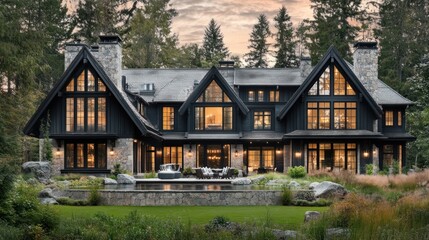 A beautiful modern house surrounded by nature and trees during sunset