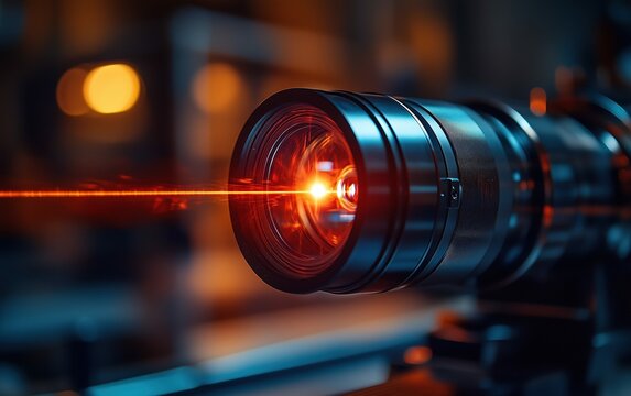 Close-Up of the tip of an XRF analyzer emitting X-rays invisible to the naked eye against a wooden surface, highlighting the advanced technology, intense detail, macro studio lighting, technological