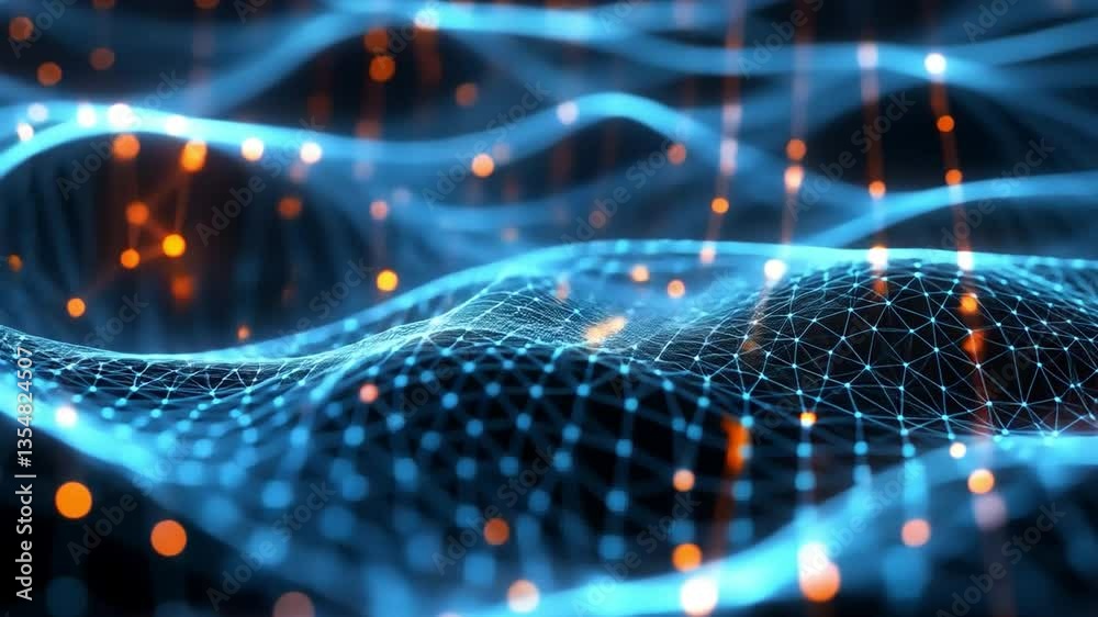 Poster digital wave: an artistic representation of a digital wave, with interconnected nodes and lines form