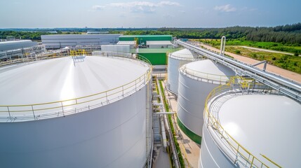Industrial Storage Tanks in Oil Refinery with Blue Sky and Green Fields