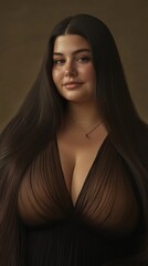 Fototapeta premium Confident woman with long dark hair in stylish outfit poses against a warm background in soft studio lighting Generative AI