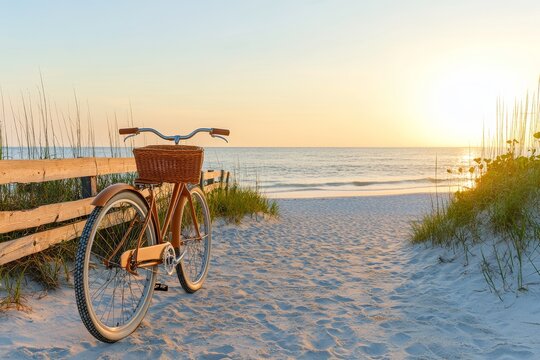 Beach Cruiser Bicycle at Sunset on Sandy Beach - Powered by Adobe