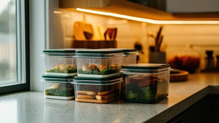 Freshly Prepared Meal Prep Containers Filled with Healthy Vegetables and Proteins on a Modern Kitchen Counter, Showcasing an Organized Culinary Lifestyle