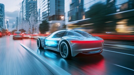 Futuristic silver sports car speeding on a city street at night.